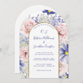 ピンクエレガントパープル水彩フローラアルチ結婚ーズ 招待状 (正面/裏面)