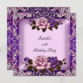 ピンクエレガントパープル薄紫バラ80th誕生日パーティー 招待状 (正面/裏面)