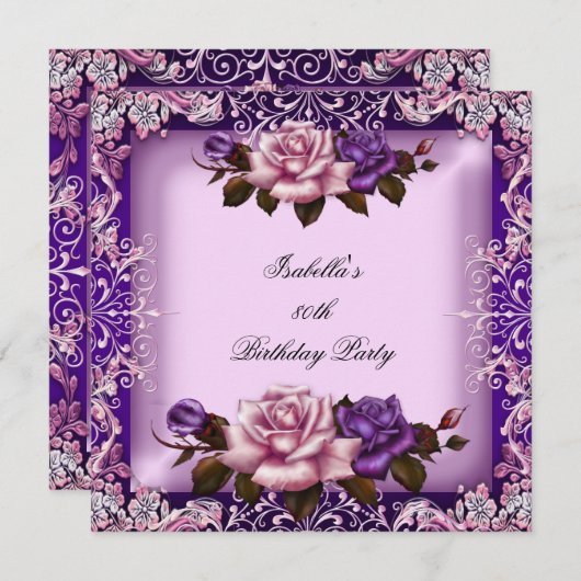 ピンクエレガントパープル薄紫バラ80th誕生日パーティー 招待状 (正面/裏面)