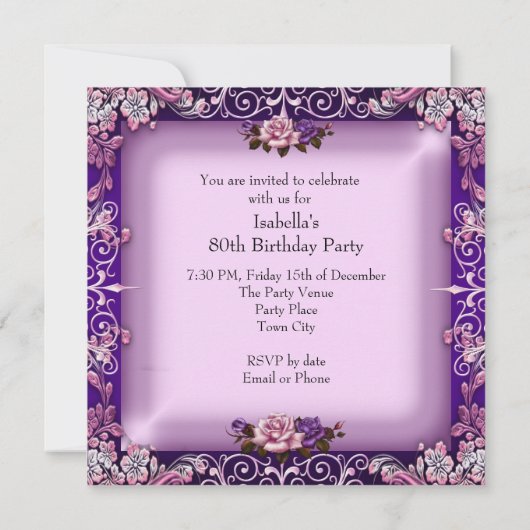 ピンクエレガントパープル薄紫バラ80th誕生日パーティー 招待状 (裏面)