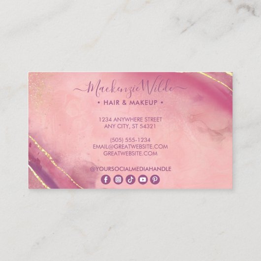 ピンクエレガントパープル金ゴールドグリッターマーブルアゲートシック 名刺 (裏面)