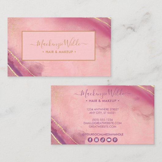 ピンクエレガントパープル金ゴールドグリッターマーブルアゲートシック 名刺 (正面/裏面)