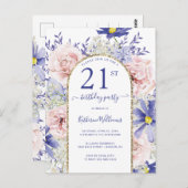 ピンクエレガントパープル21歳の誕生日パーティの招待状 ポストカード (正面/裏面)