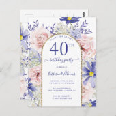 ピンクエレガントパープル40歳の誕生日パーティの招待状 ポストカード (正面/裏面)