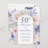 ピンクエレガントパープル50th誕生日パーティーへの招待 ポストカード (正面/裏面)