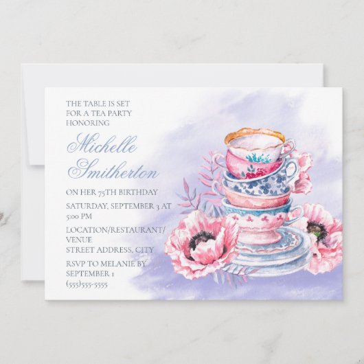ピンクエレガントパープル75誕生日ティーパーティー 招待状 (正面)