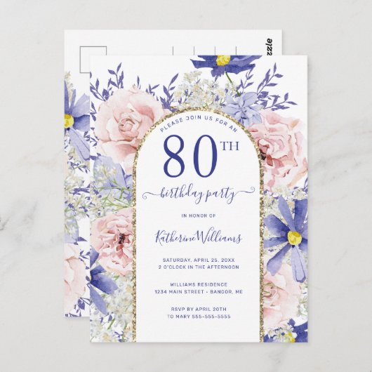ピンクエレガントパープル80th Birthday Partyへの招待 ポストカード (正面/裏面)