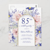 ピンクエレガントパープル85th誕生日パーティーへの招待 ポストカード (正面/裏面)