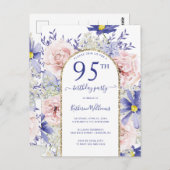 ピンクエレガントパープル95th誕生日パーティーへの招待 ポストカード (正面/裏面)