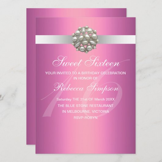 ピンクエレガントパールスウィート16誕生日招待状 招待状 (正面/裏面)