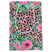 ピンクエレガントヒョウ印刷とフローラデザイン ミディアムペーパーバッグ (正面)
