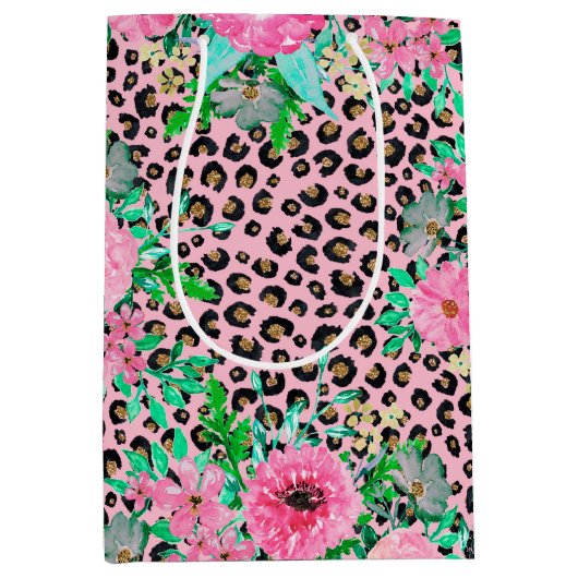 ピンクエレガントヒョウ印刷とフローラデザイン ミディアムペーパーバッグ (正面)