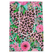 ピンクエレガントヒョウ印刷とフローラデザイン ミディアムペーパーバッグ (裏面)