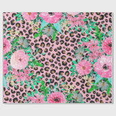 ピンクエレガントヒョウ印刷とフローラデザイン ラッピングペーパー (フラット)