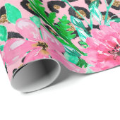 ピンクエレガントヒョウ印刷とフローラデザイン ラッピングペーパー (ロールコーナー)