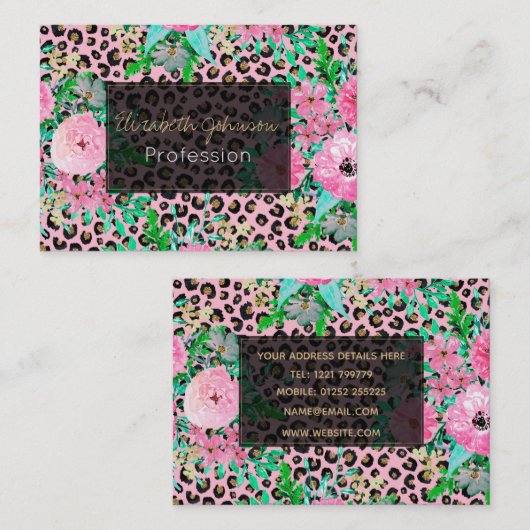 ピンクエレガントヒョウ印刷とフローラデザイン 名刺 (正面/裏面)