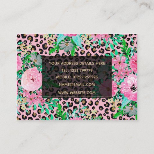 ピンクエレガントヒョウ印刷とフローラデザイン 名刺 (裏面)