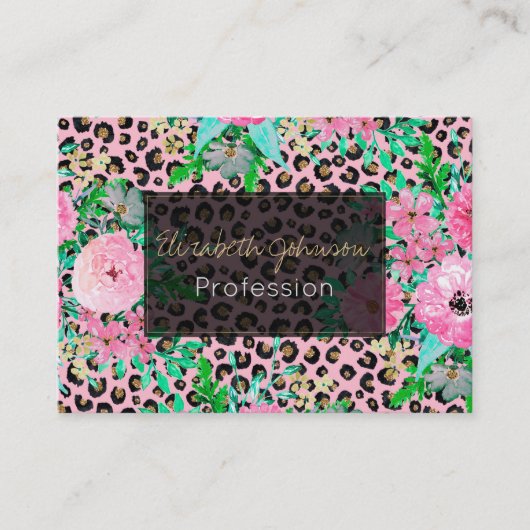ピンクエレガントヒョウ印刷とフローラデザイン 名刺 (正面)