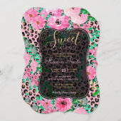 ピンクエレガントヒョウ印刷とフローラデザイン 招待状 (正面/裏面)