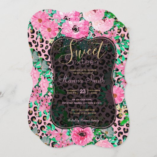 ピンクエレガントヒョウ印刷とフローラデザイン 招待状 (正面/裏面)