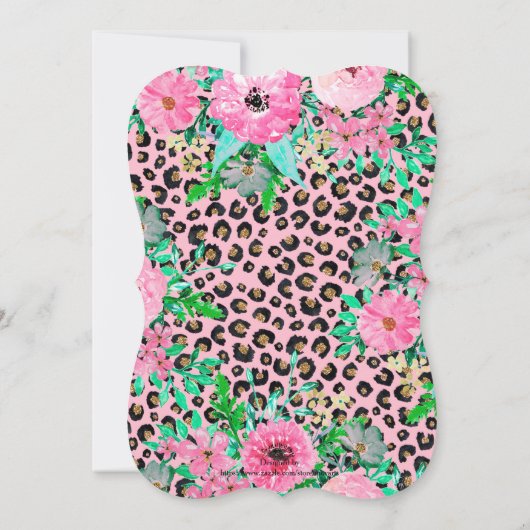 ピンクエレガントヒョウ印刷とフローラデザイン 招待状 (裏面)