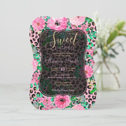 ピンクエレガントヒョウ印刷とフローラデザイン 招待状 (スタンド正面)