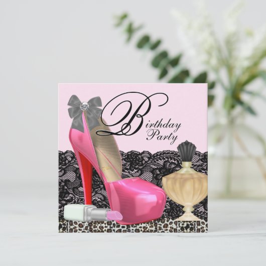 ピンクエレガントヒョウ誕生日パーティー 招待状 (スタンド正面)