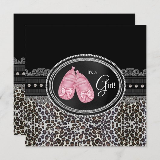 ピンクエレガントヒョウ赤ちゃんシャワー 招待状 (正面/裏面)