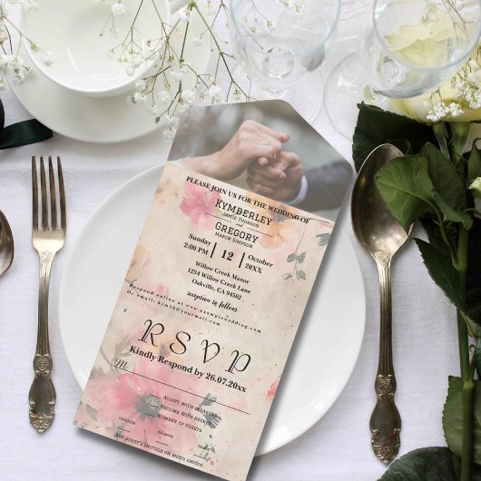 ピンクエレガントピーチクリーム水彩フローラ写真 オールインワン招待状