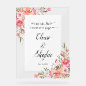 ピンクエレガントピーチフローラウォーター結婚カラーの金ゴールド アクリルサイン (正面)