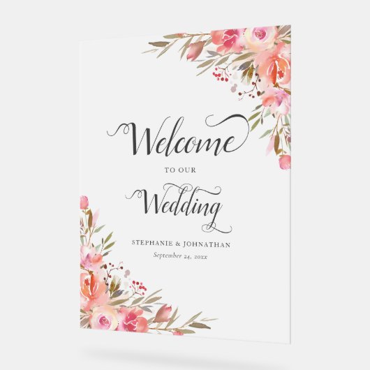 ピンクエレガントピーチフローラウォーター結婚カラーの金ゴールド アクリルサイン (傾斜)