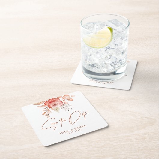 ピンクエレガントピーチフローラ保存日結婚付 スクエアペーパーコースター (インサイチュ)