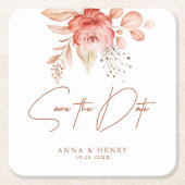 ピンクエレガントピーチフローラ保存日結婚付 スクエアペーパーコースター (正面)