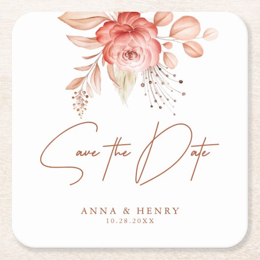 ピンクエレガントピーチフローラ保存日結婚付 スクエアペーパーコースター (正面)