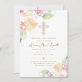 ピンクエレガントピーチフローラ華美クロスバプテスマ 招待状 (正面)