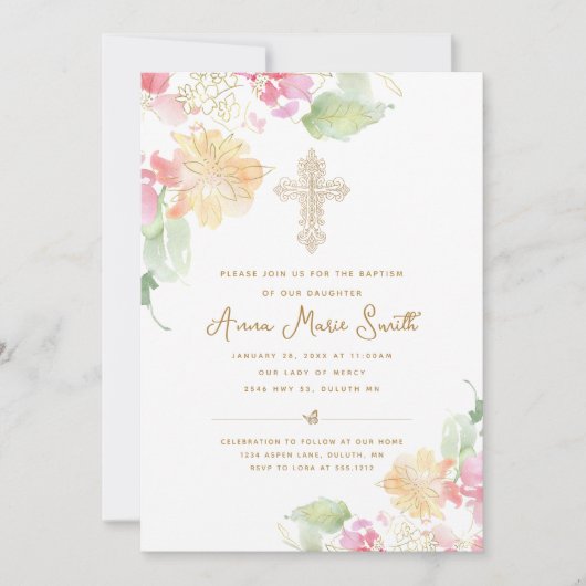 ピンクエレガントピーチフローラ華美クロスバプテスマ 招待状 (正面)