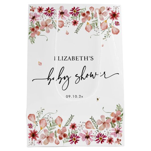 ピンクエレガントピーチ山花赤ちゃんシャワー ミディアムペーパーバッグ (裏面)