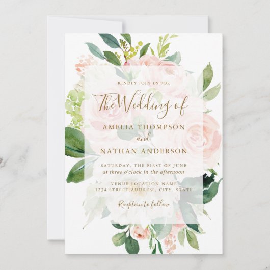 ピンクエレガントピーチ金ゴールド開花結婚ズ 招待状 (正面)