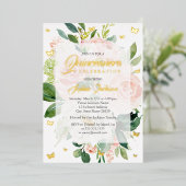 ピンクエレガントピーチ開花キンセアニェラ 箔招待状 (立ち正面)