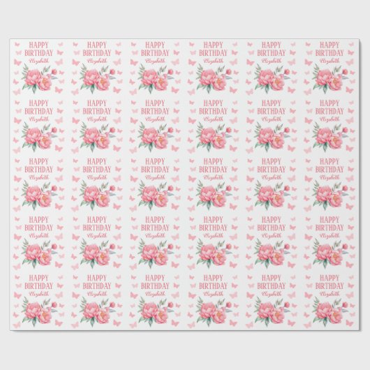 ピンクエレガントピーニーバタフライボタニカル誕生日 ラッピングペーパー (フラット)