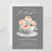 ピンクエレガントピーニーフローラ誕生日茶 招待状 (正面)