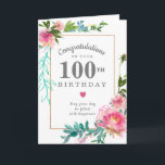 ピンクエレガントピーニーフローラ100誕生日 カード<br><div class="desc">ピンクの牡丹のフローラデザインで100歳の誕生日に非常に特別な人を祝う。そしてエレガント、繊細な緑とターコイズの植物性の要素と牡丹をシック飾に薄い金ゴールドフレーム。すべての文字を編集できるため、非常に個人的で意味のあるメッセージを作成できまカスタマイズす。</div>