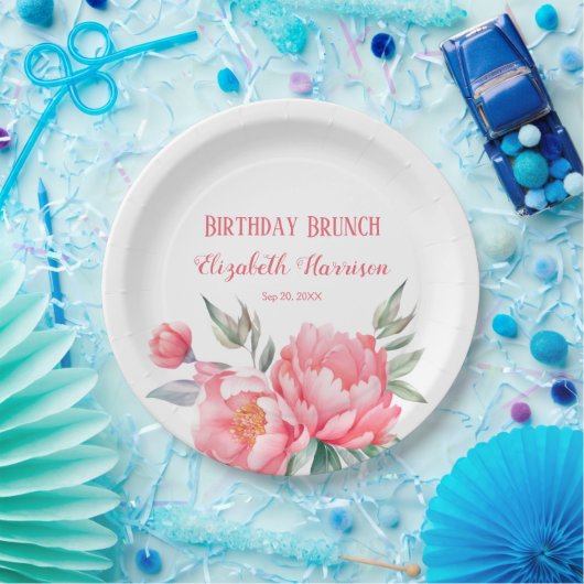 ピンクエレガントピーニーボタニカル誕生日ブランチ ペーパープレート (パーティー)