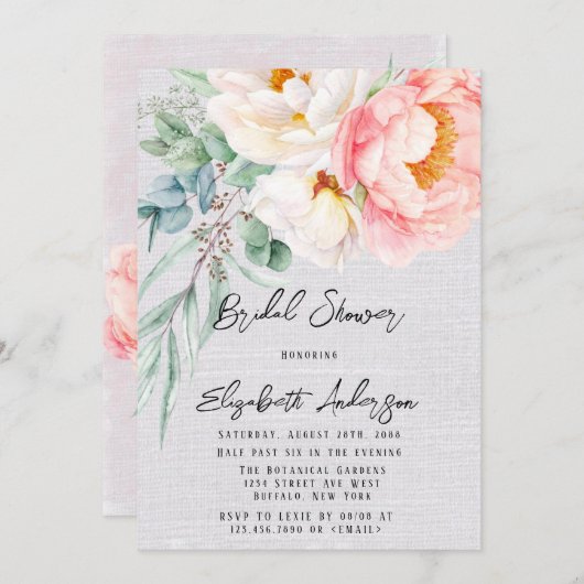 ピンクエレガントピーニーユーカリブライダルシャワー 招待状 (正面/裏面)