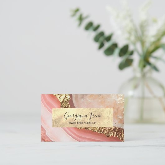 ピンクエレガントフェイク金ゴールド大理石瑪瑙 名刺 (スタンド正面)