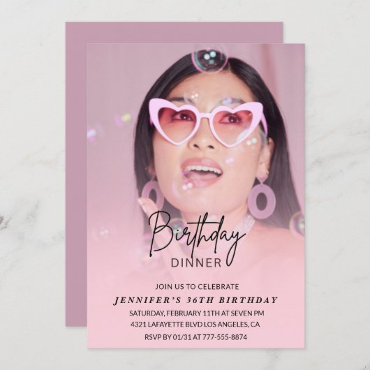 ピンクエレガントフォトディナー36歳の誕生日 招待状 (正面/裏面)