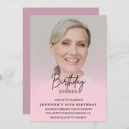 ピンクエレガントフォトディナー82歳の誕生日 招待状 (正面/裏面)
