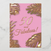 ピンクエレガントフォト50th素晴らしい誕生日金ゴールド 箔招待状 (正面)
