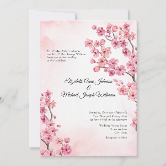 ピンクエレガントフォーマルさくらんぼブロッサム結婚フローラ 招待状 (正面)