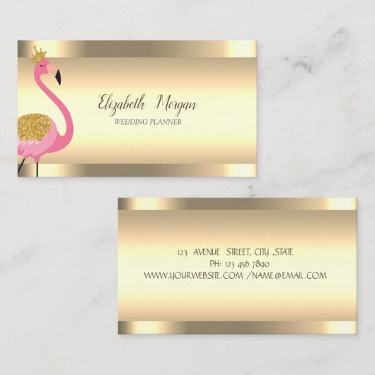 ピンクエレガントフラミンゴ金ゴールドストライプ 名刺 (正面/裏面)